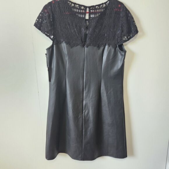 Kensie NWT Women's Black Lace-Trim Faux-Leather Shift Dress Size 10 - Picture 4 of 14